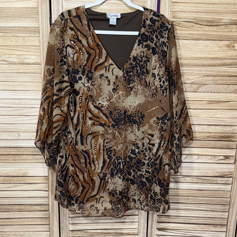 JMD Signature Women's Animal Exotic Print Top - Brown & Black Plus Size 2x